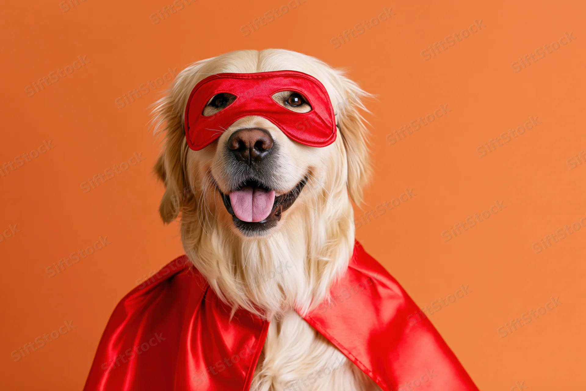 Golden retriever wearing red superhero mask and cape against orange background