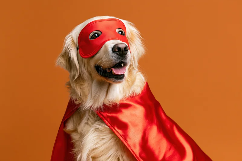 Golden retriever wearing red superhero mask and cape in studio portrait