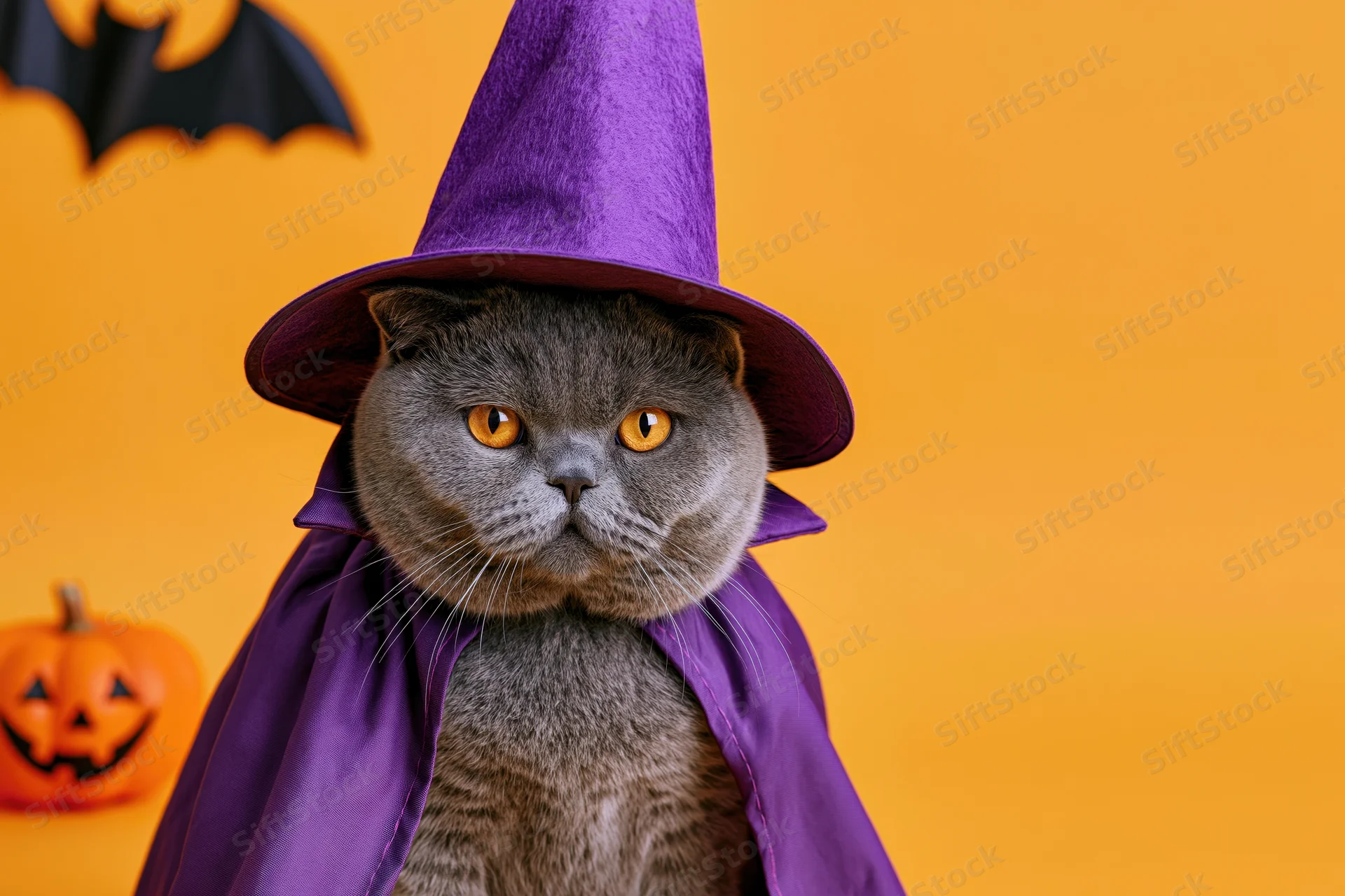 Gray british shorthair cat wearing purple witch hat and cape against orange background with pumpkin and bat decoration