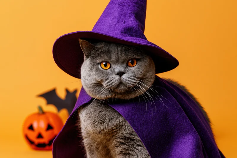Gray british shorthair cat wearing purple witch hat and cape in front of orange background with pumpkin and bat decoration