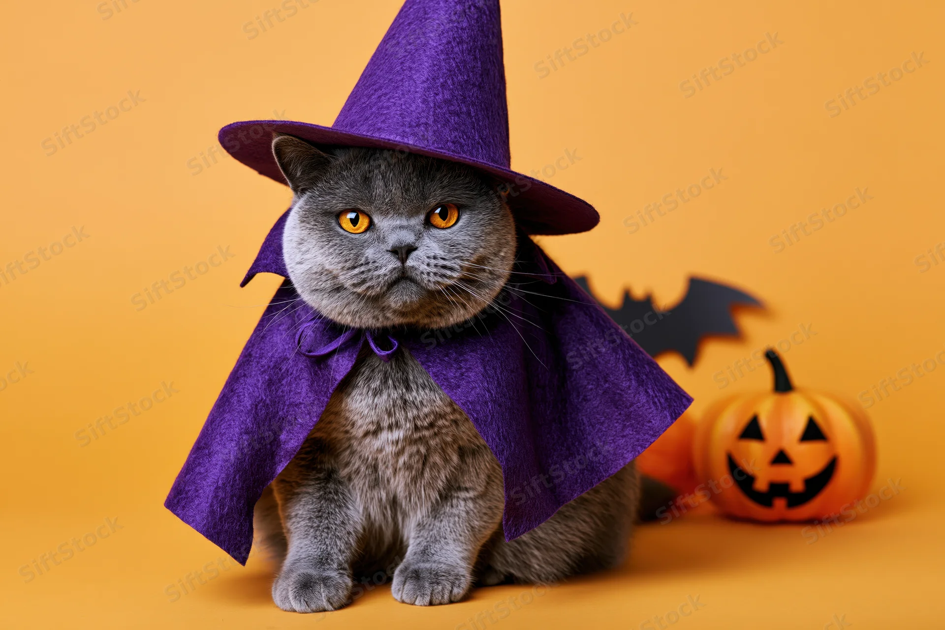 Gray british shorthair cat wearing purple witch hat and cape with pumpkin and bat decoration on orange background