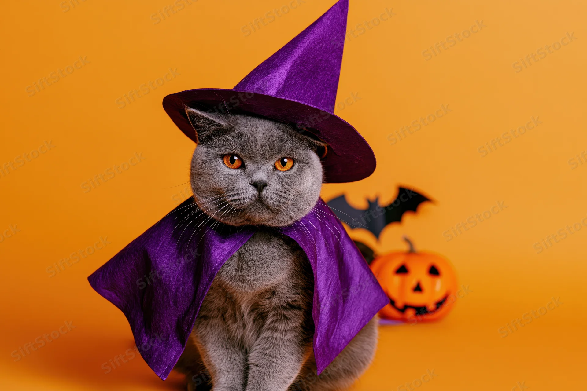 Gray british shorthair cat wearing purple witch hat and cape with pumpkin and bat decoration on orange background