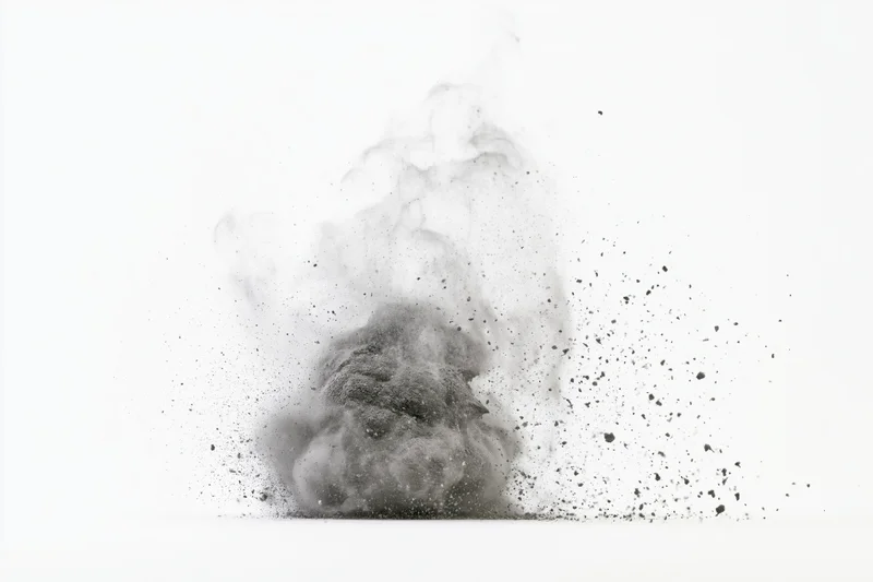 Gray powder exploding in mid-air against white background
