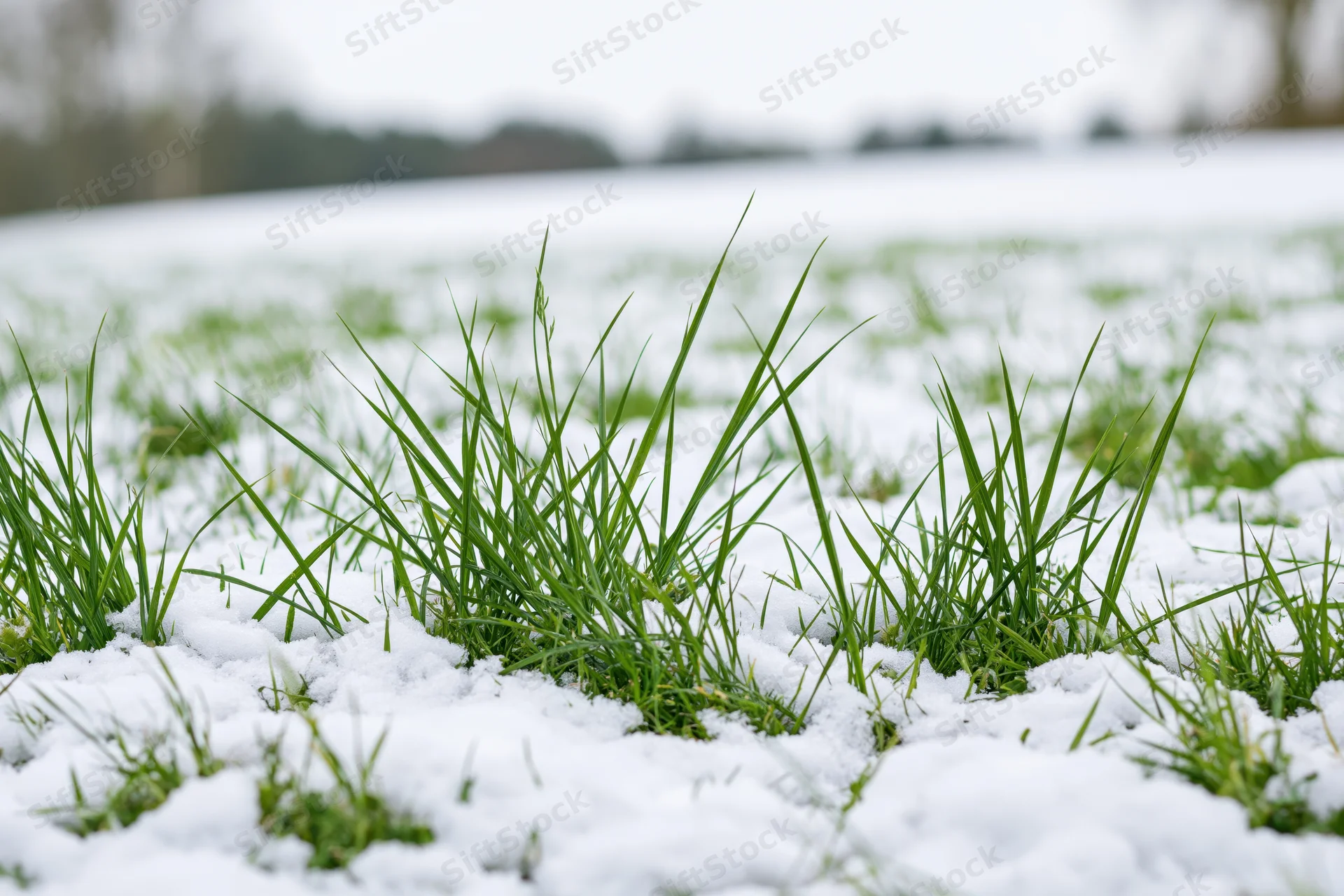 Green grass blades pushing through a thin layer of fresh snow in a field