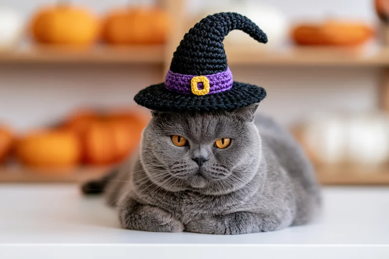Gray british shorthair cat lying on white surface wearing crocheted witch hat with pumpkins in background