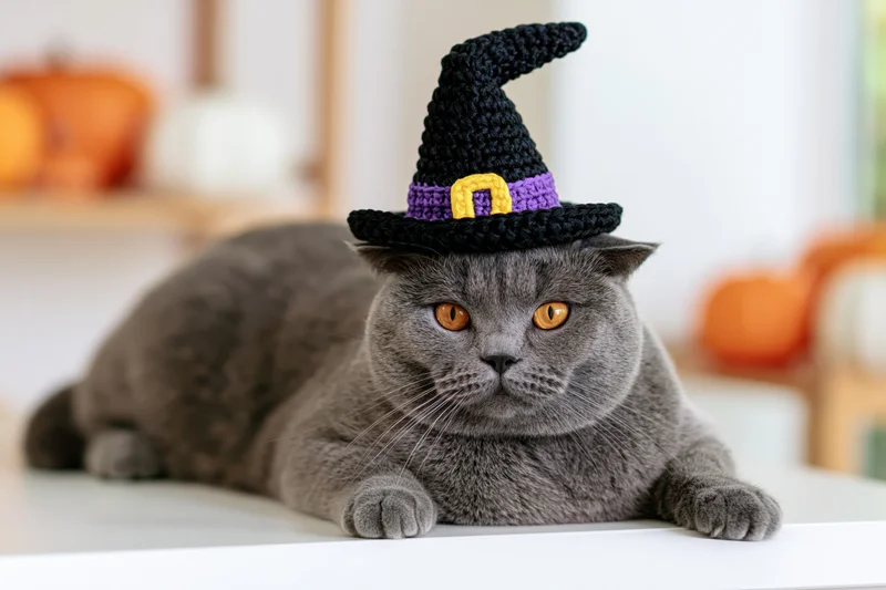 Gray british shorthair cat lying on white surface wearing crocheted witch hat with pumpkins in background