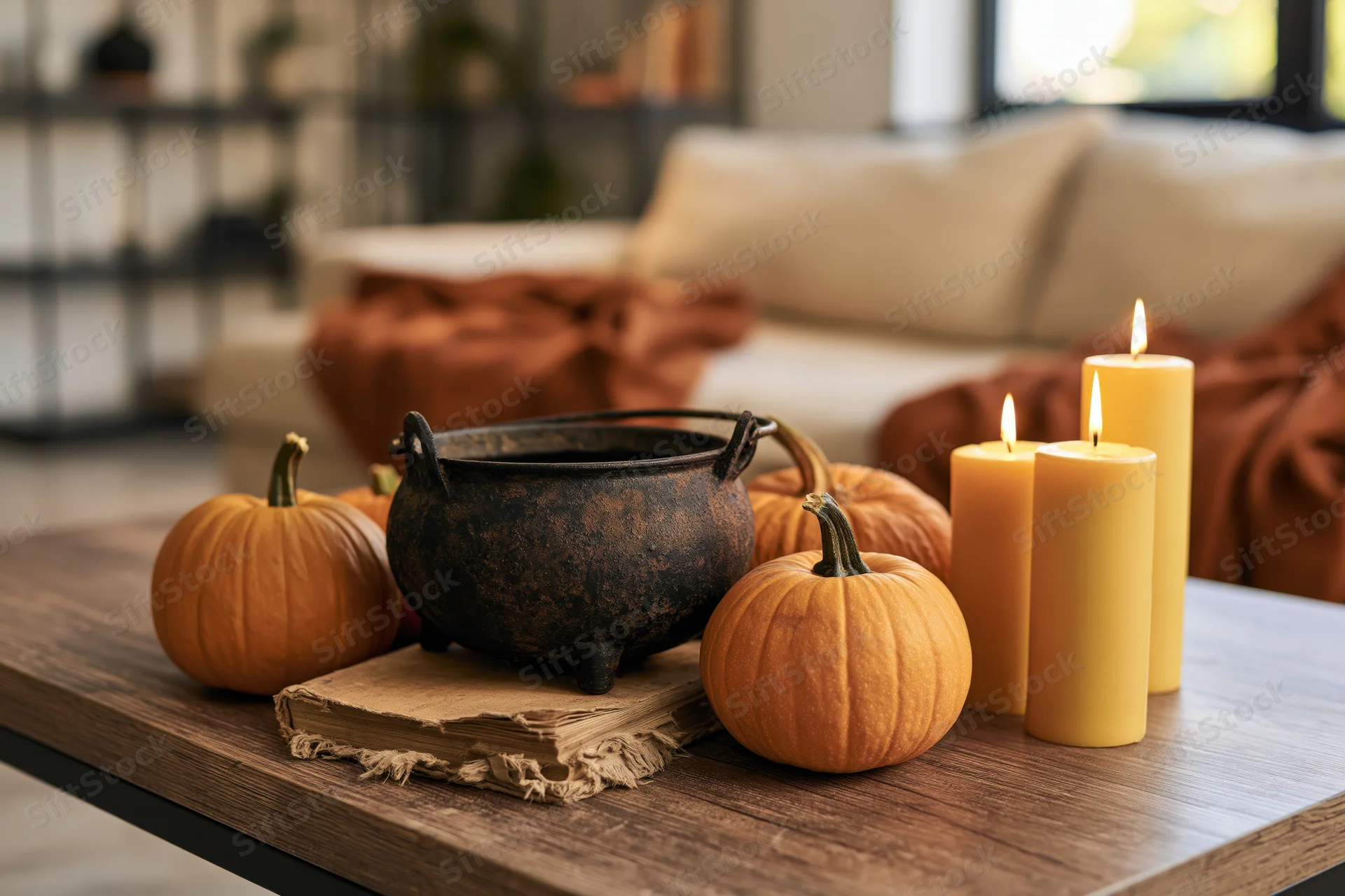Halloween autumn decor on wooden coffee table with pumpkins, candles, and cauldron
