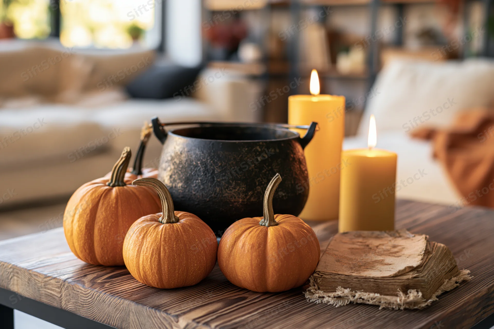 Small pumpkins, candles, cauldron and spellbook arranged on wooden coffee table in living room