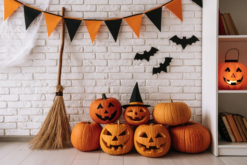 Carved pumpkins and a broom arranged against a white brick wall for halloween decoration in a room interior
