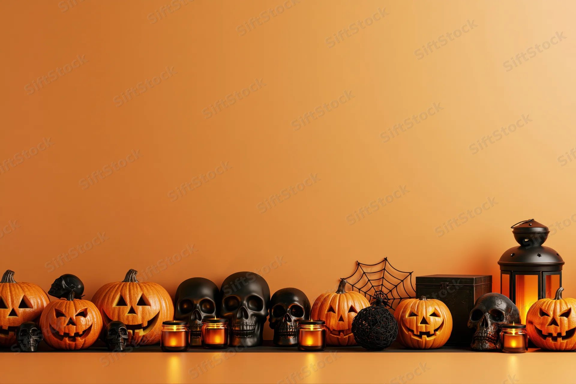 Halloween decorations arranged in a low row along a flat surface with copyspace above