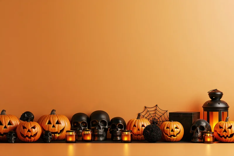 Halloween decorations arranged in a low row along a flat surface with copyspace above