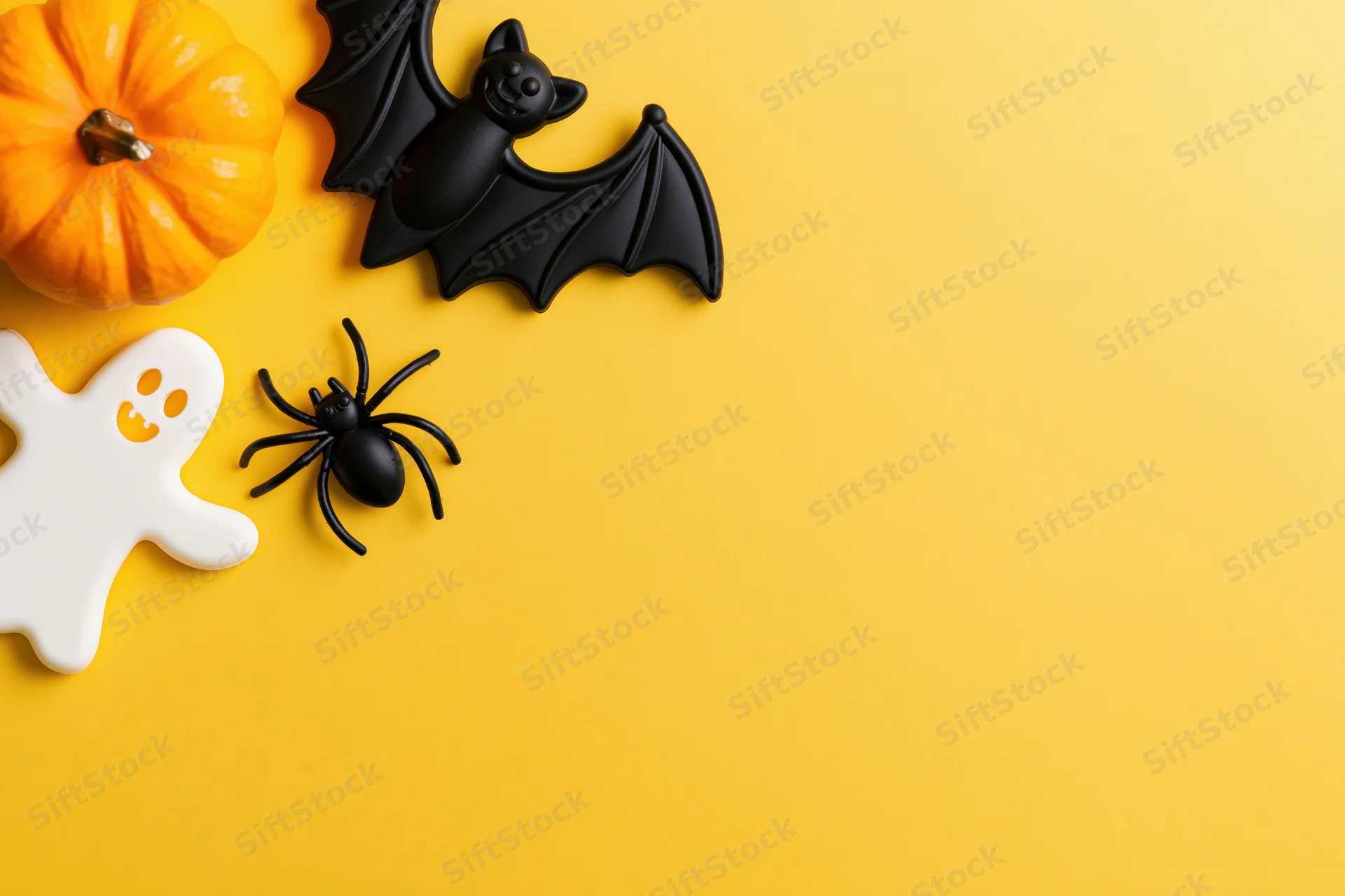 Halloween decorations including pumpkin bat ghost and spider arranged on yellow background