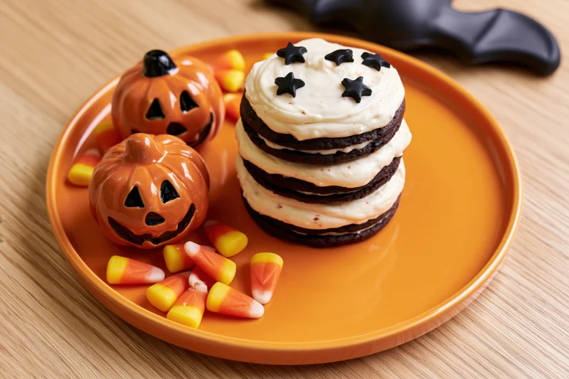 Halloween dessert plate with stacked chocolate cookies and cream, candy corn, and jack-o-lantern decorations on wooden table