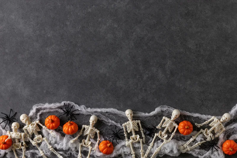 Halloween skeletons and pumpkins arranged along bottom edge on dark gray surface with copyspace above