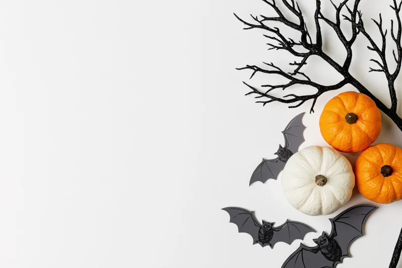 Halloween decorations including pumpkins, bats, and a black branch arranged on the right side of a white surface