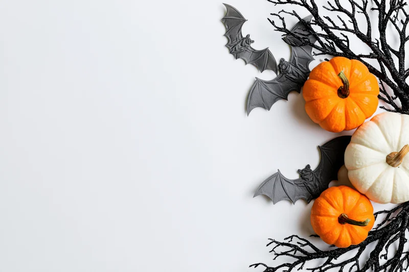 Halloween decorations including pumpkins, bats, and branches arranged along the right edge of a white surface