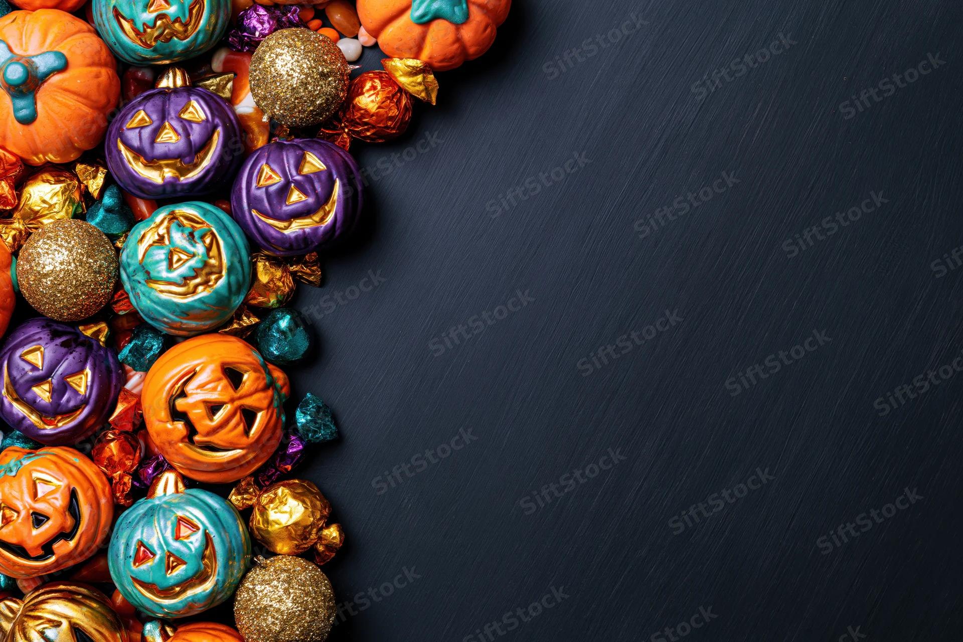 Colorful ceramic jack-o-lanterns and candy arranged in corner on dark surface with copyspace