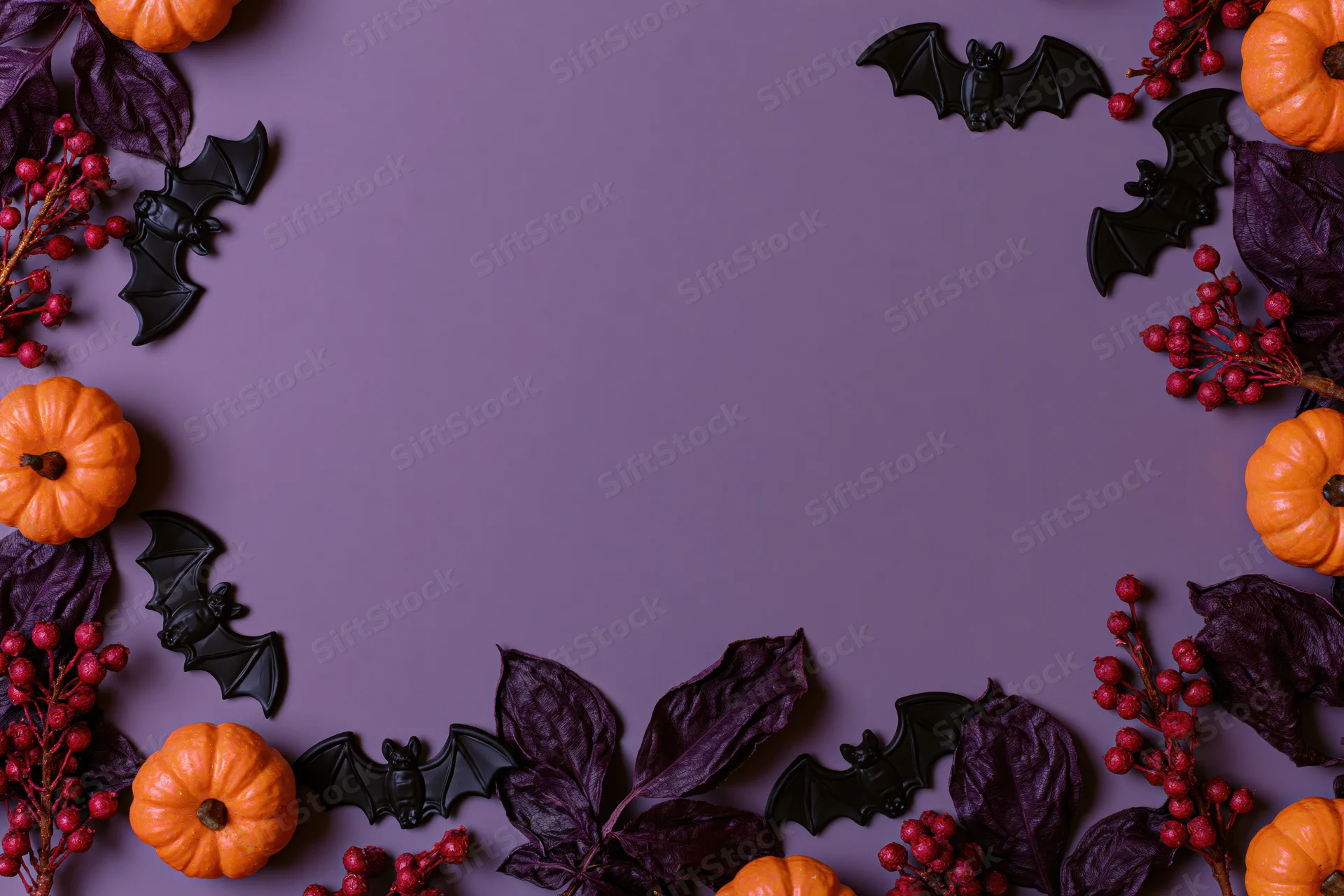 Halloween flat lay with small orange pumpkins, black bats, red berries and dark leaves arranged around purple background with copyspace