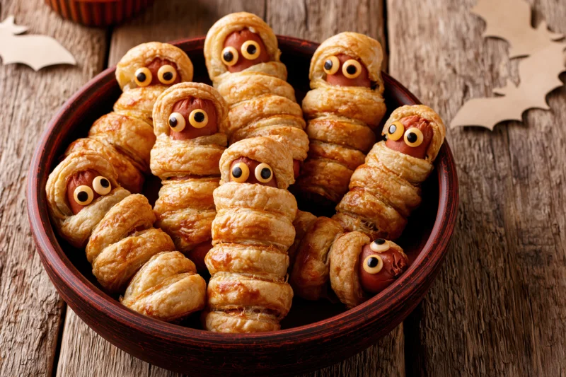 Mummy hot dogs wrapped in baked puff pastry strips in a bowl on a wooden table with bat decorations