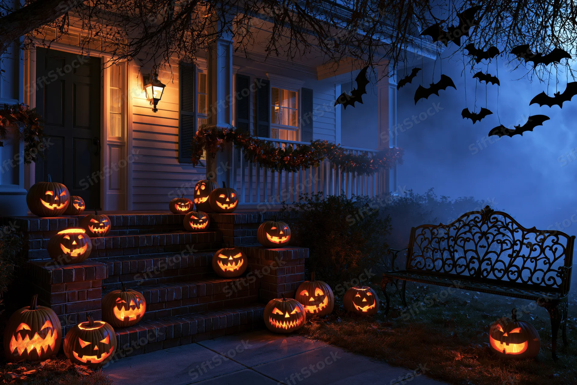 Carved jack-o-lanterns glowing on brick steps of a decorated house porch at night