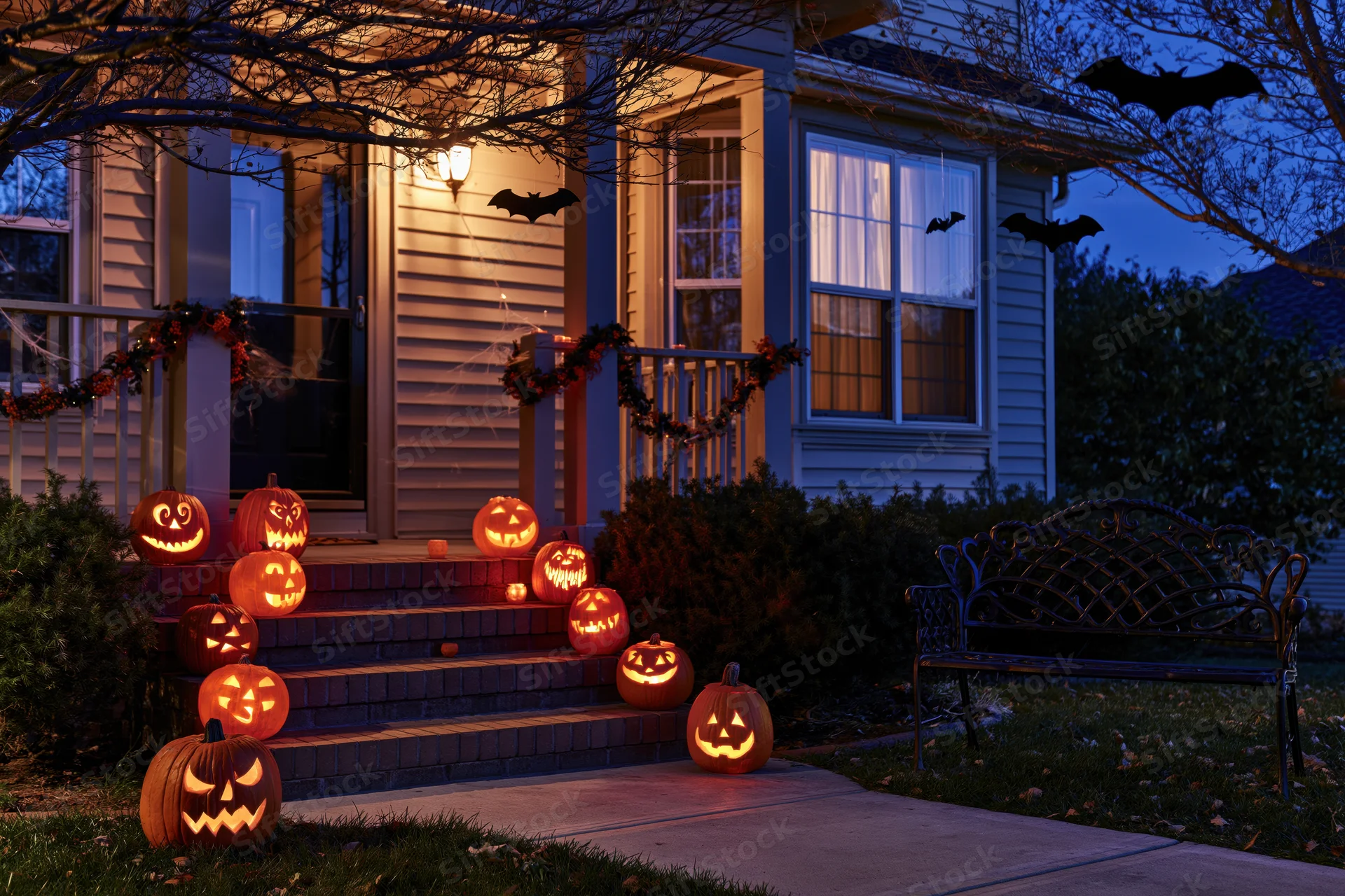 Carved jack-o-lanterns glowing on steps of a decorated house porch at night