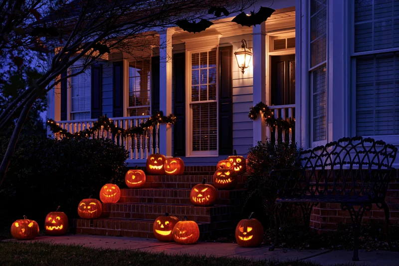 Carved jack-o-lanterns glowing on brick steps of a decorated house porch at night
