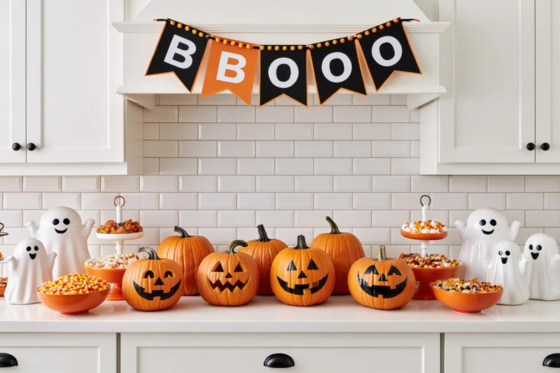 Halloween decorations and candy arranged on a white kitchen counter with pumpkins and ghosts