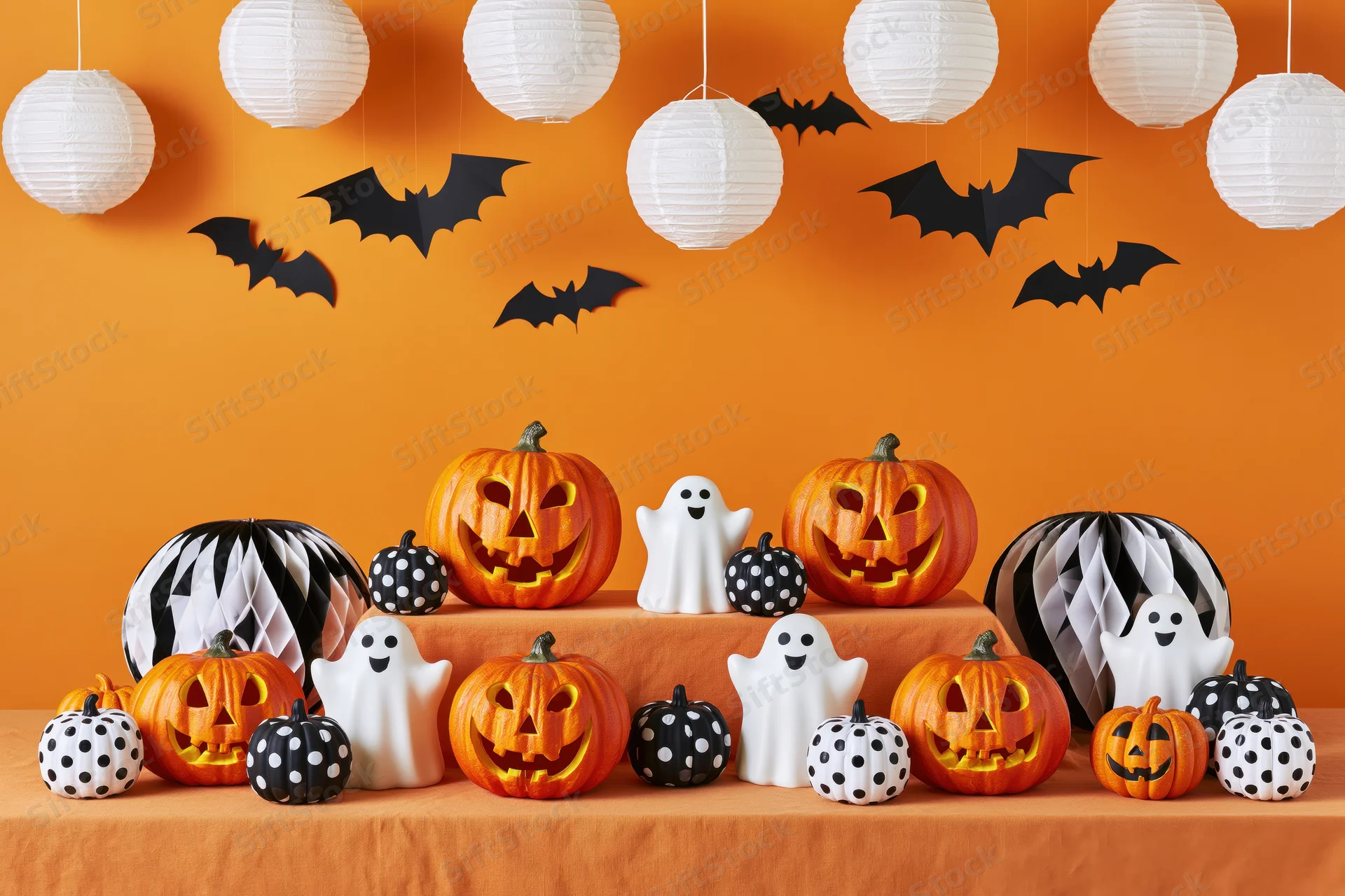 Halloween party table display with carved jackolanterns, ghosts, bats, and paper lanterns arranged on orange cloth against orange wall