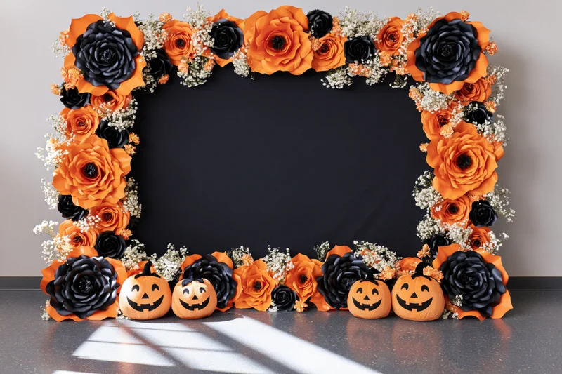 Halloween photo booth backdrop with orange and black paper roses and jack-o-lanterns arranged in a frame on a dark surface
