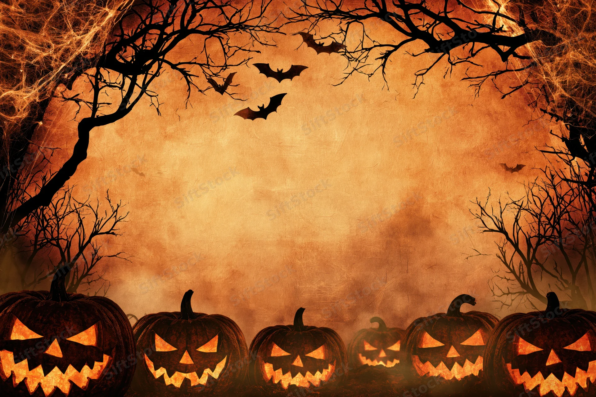 Carved jack-o-lanterns glowing at the base of bare trees with bats flying above in a spooky halloween scene