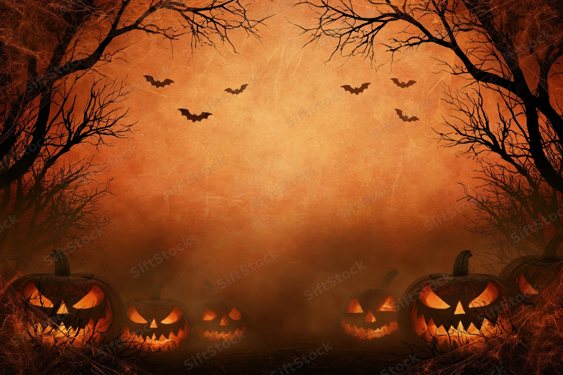 Carved jack-o-lanterns glowing in a misty forest at night with flying bats and bare trees