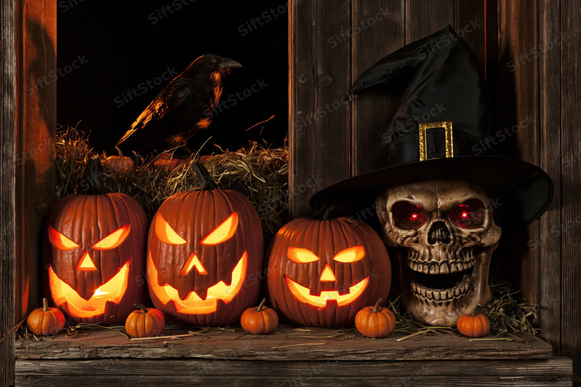 Carved pumpkins and a skull in a witch hat on hay inside a dark barn doorway at night