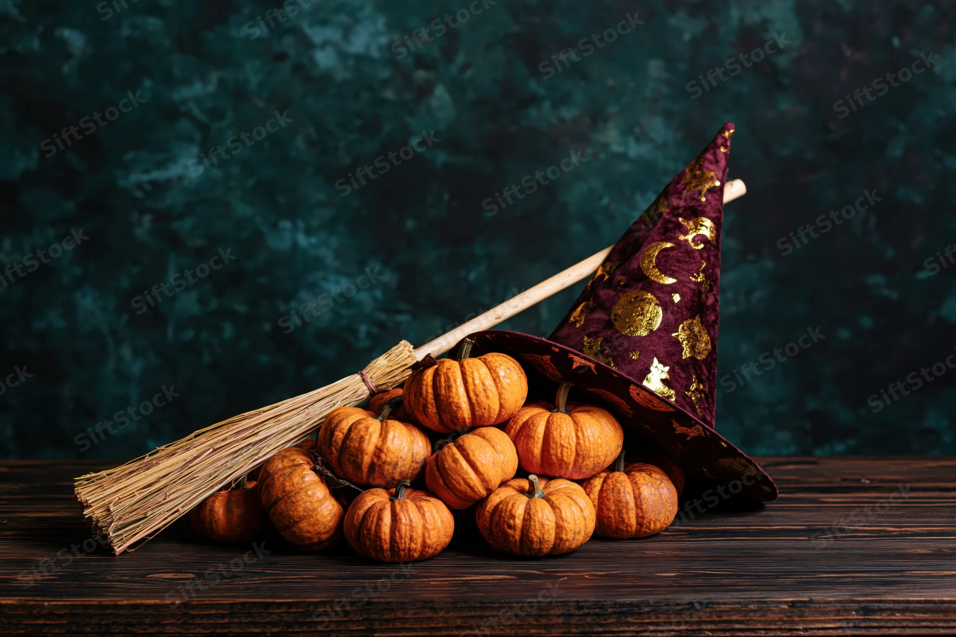 Halloween still life with pumpkins, witch hat and broom on dark wooden surface