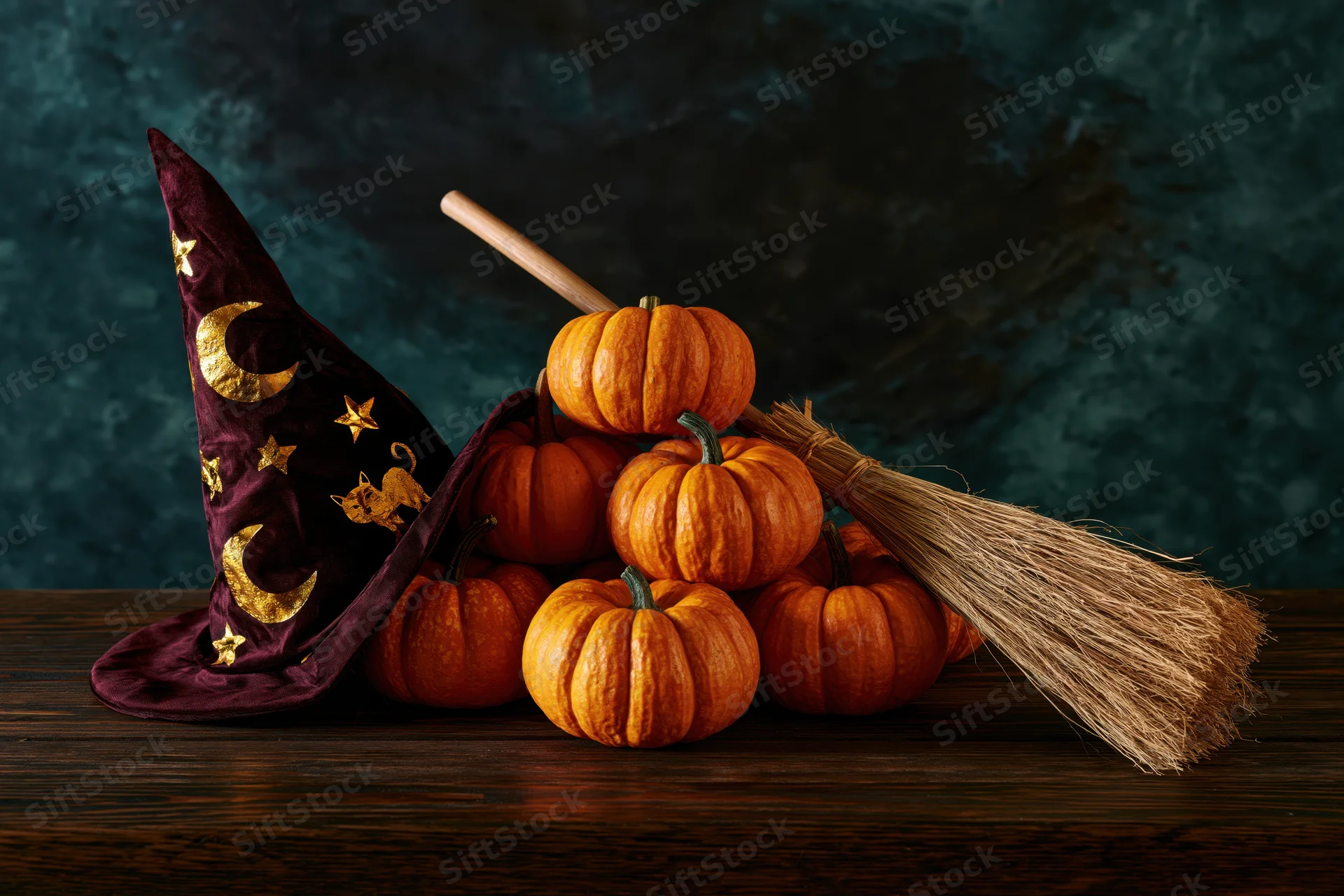 Halloween still life with pumpkins, witch hat and broom on dark wooden surface