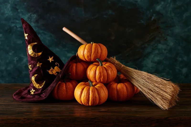 Halloween still life with pumpkins, witch hat and broom on dark wooden surface