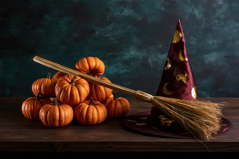 Halloween still life with pumpkins, broom and witch hat on dark wooden table