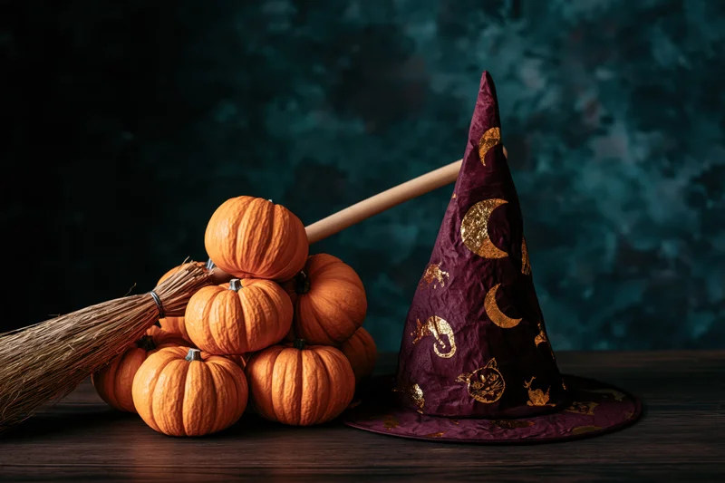 Halloween still life with pumpkins, witch hat and broom on dark wooden surface