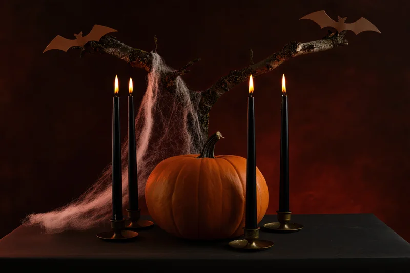 Halloween still life with orange pumpkin, black candles, spiderweb and bats on dark table