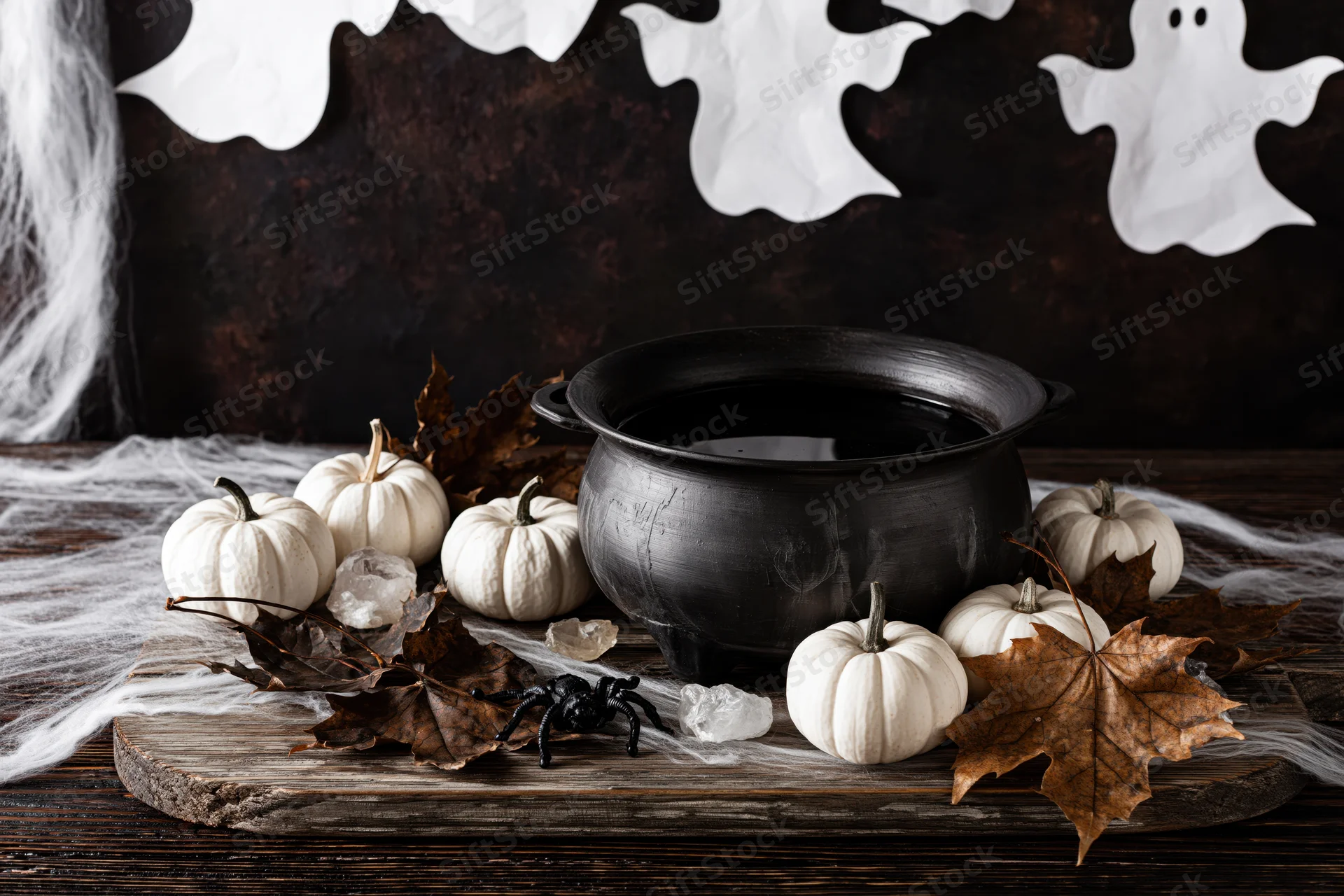 Halloween still life with cauldron, white pumpkins, spider, and leaves on wooden board