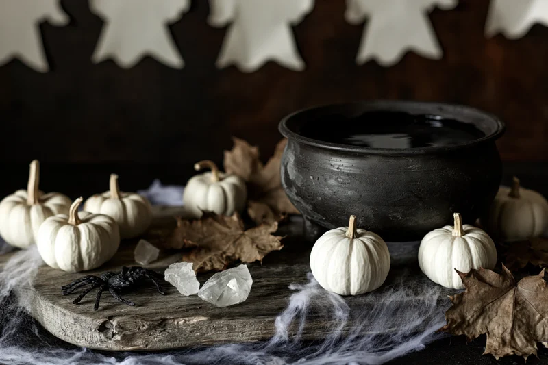 White pumpkins and a black cauldron arranged on a weathered wooden board with cobwebs and autumn leaves for halloween decoration