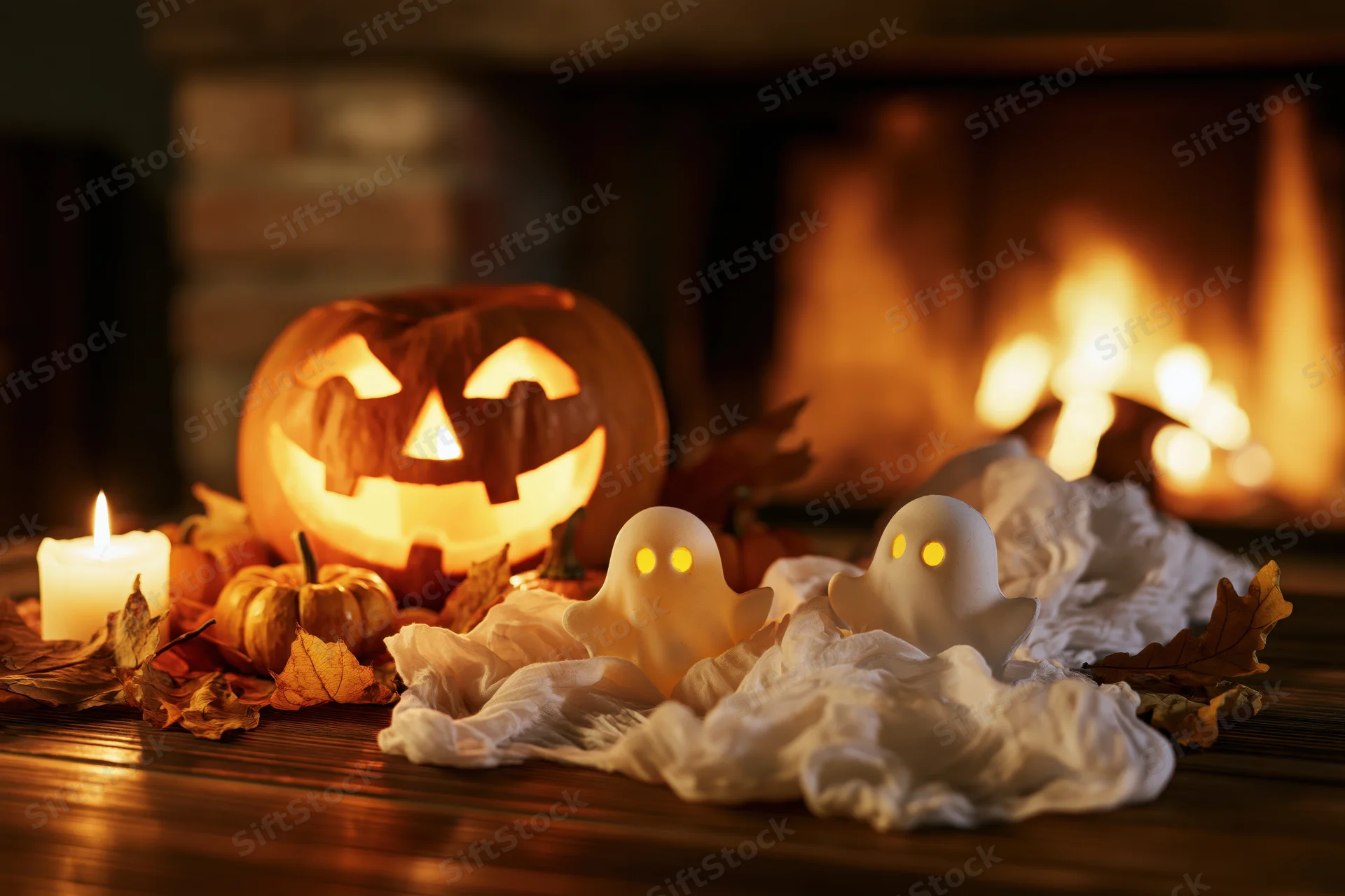 Carved jack-o-lantern and ghost decorations on wooden table by fireplace