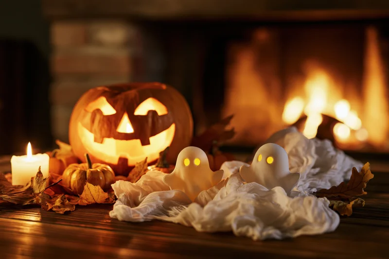 Carved jack-o-lantern and ghost decorations on wooden table by fireplace
