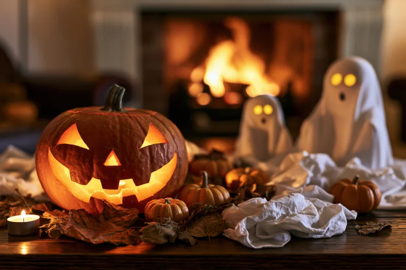 Carved jack-o-lantern glowing on wooden table with ghosts and fireplace in background