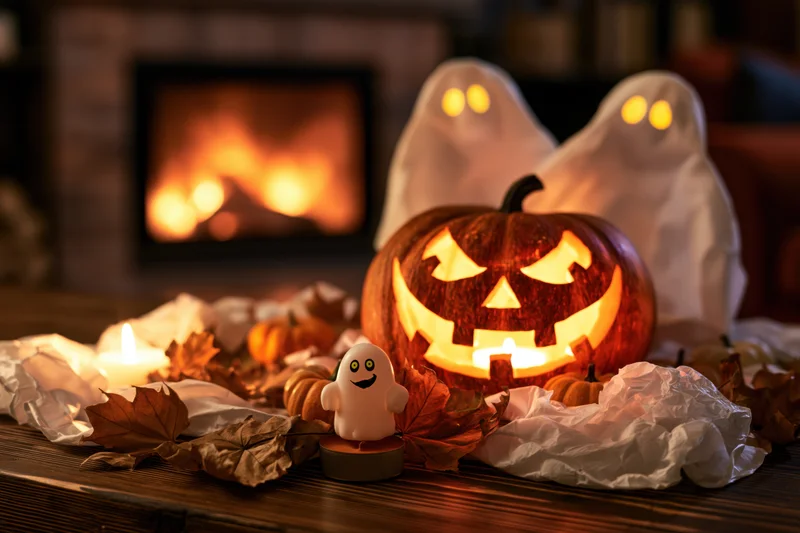 Carved jack-o-lantern with glowing eyes and ghost decorations on wooden table near fireplace
