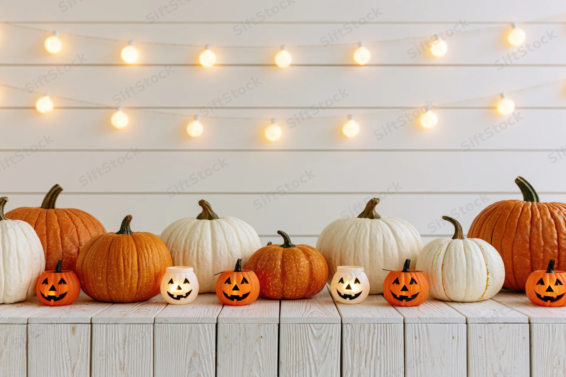 Orange and white pumpkins arranged on a wooden tabletop with string lights above
