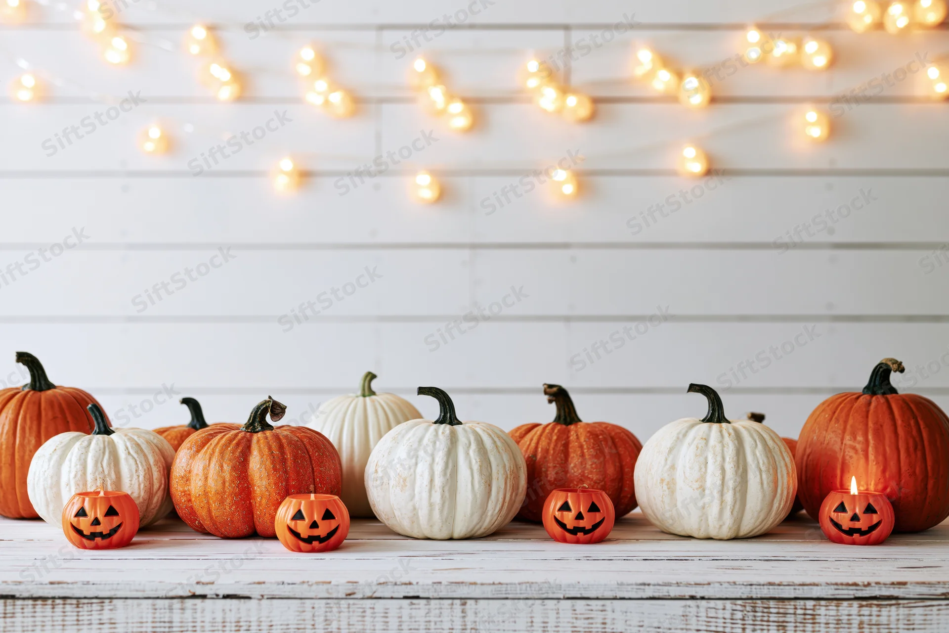 Orange and white pumpkins arranged on a wooden tabletop with string lights above