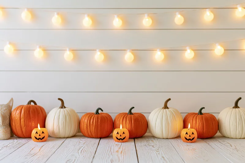 Orange and white pumpkins arranged on a wooden floor with string lights above for halloween decoration