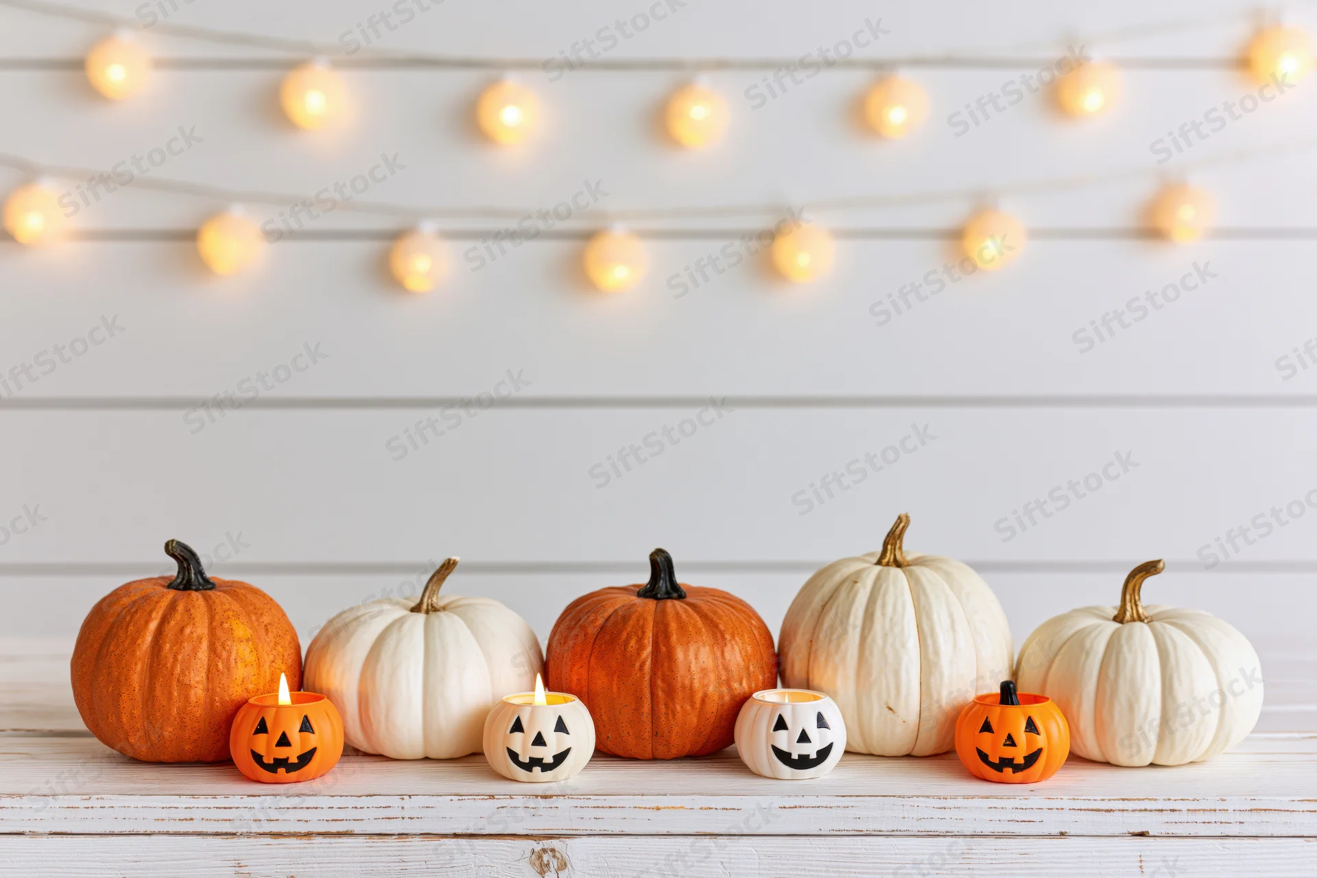 Orange and white decorative pumpkins arranged on a wooden tabletop with string lights above