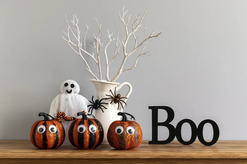 Halloween decoration arrangement with pumpkins, ghost, spiders and branches on wooden shelf