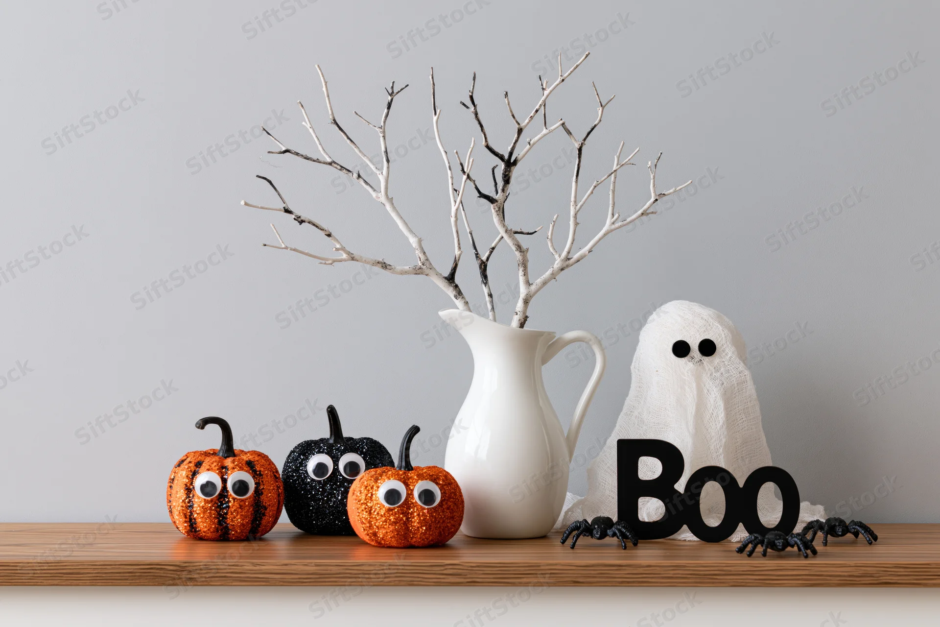 Halloween decoration arrangement on wooden shelf with pumpkins, ghost, spiders, and branches in vase